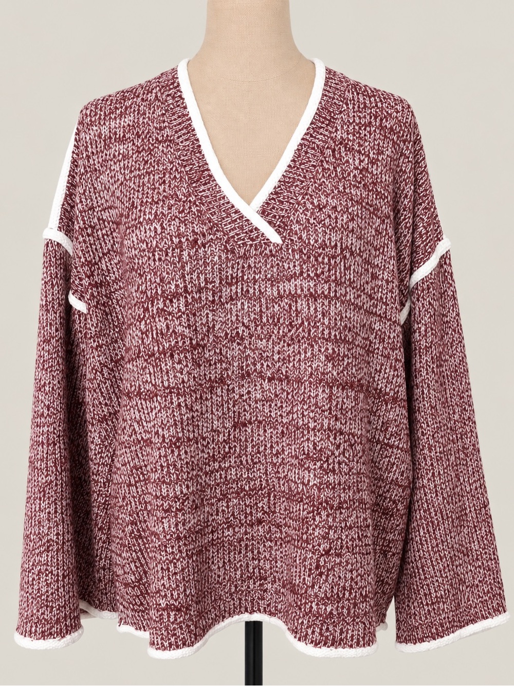 POL Marled Knit V-Neck Sweater Wine Red White Trim NWT Size S Oversized